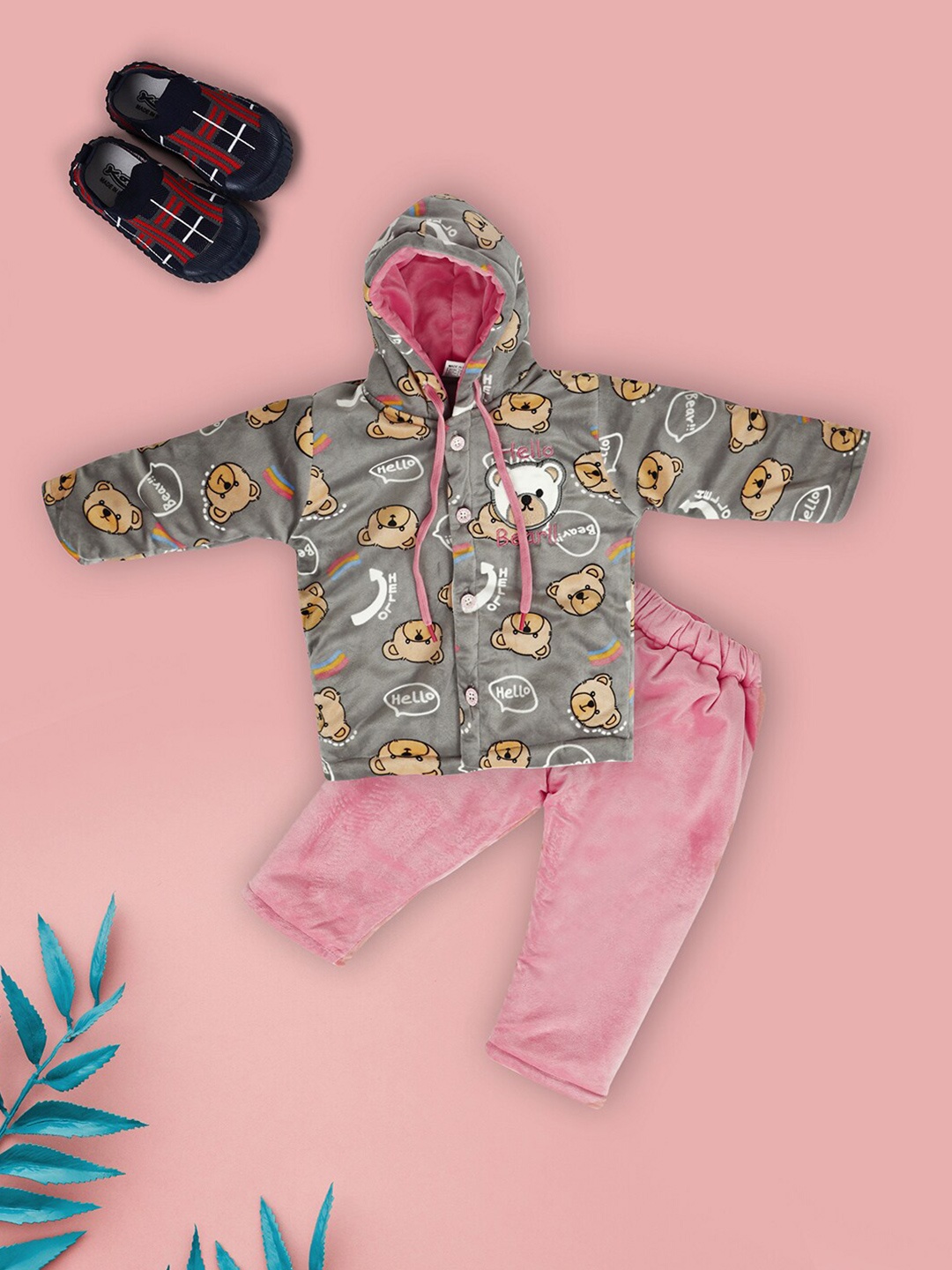 

V-Mart Infants Converstional Printed Hooded Velvet Sweater With Trouser, Grey