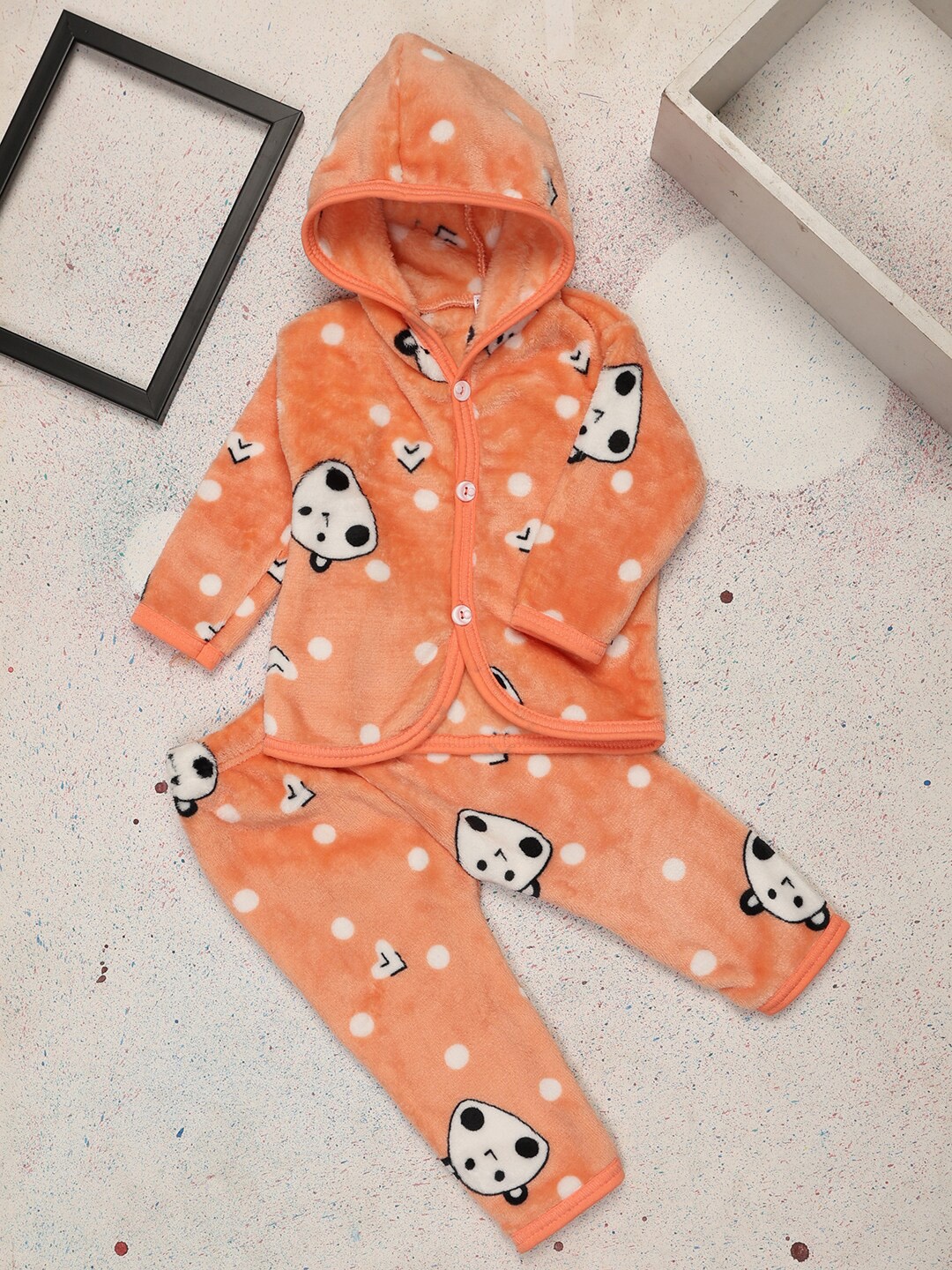 

V-Mart Infants Converstional Printed Hooded Pure Cotton Sweater With Trouser, Orange
