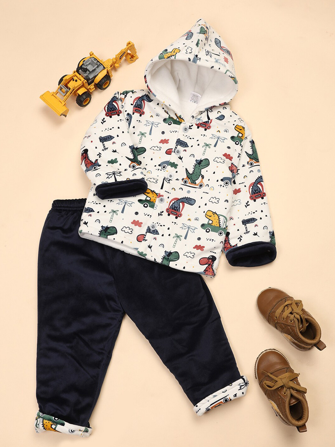 

V-Mart Infant Kids Printed Hooded Velvet Shirt With Trousers, White