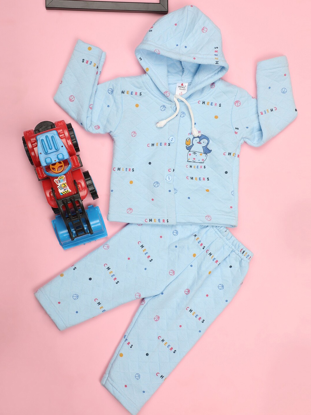 

V-Mart Infant Kids Printed Pure Cotton Hooded Sweatshirt With Trousers, Blue