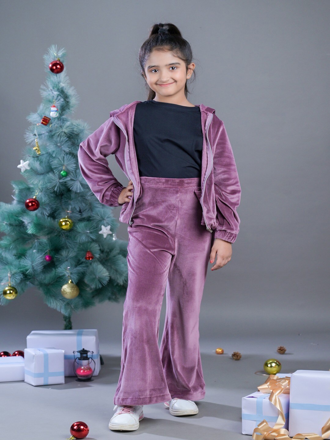 

Budding Bees Girls Hooded Long Sleeve Pure Cotton Sweatshirt With Trousers, Purple