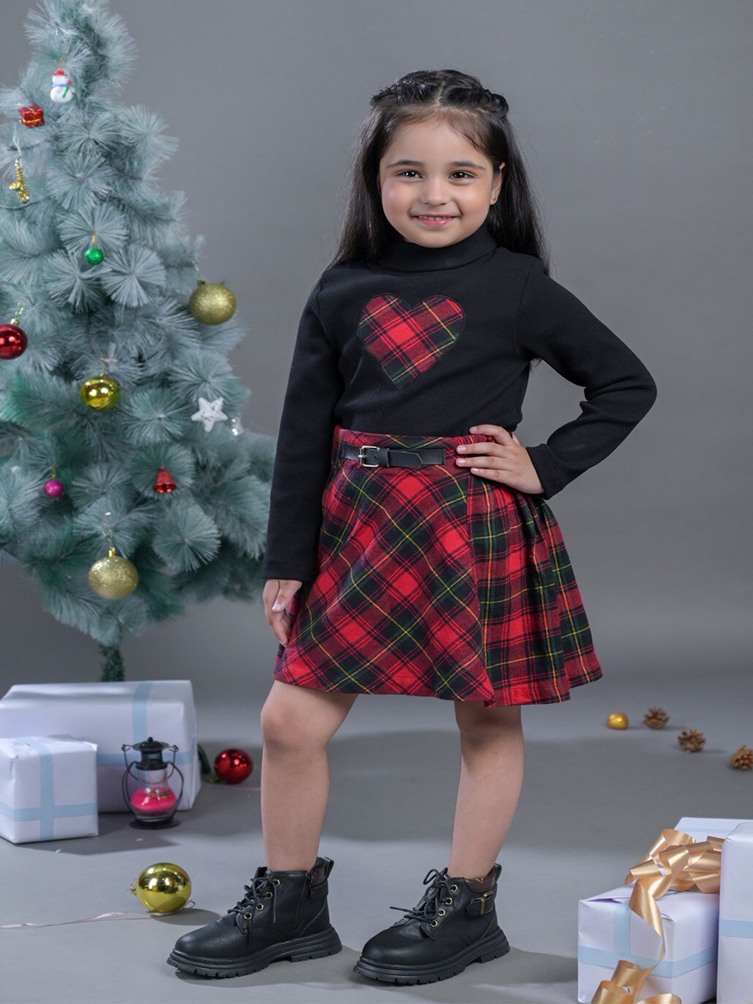 

Budding Bees Girls High Neck Long Sleeves Cotton Applique Tshirt & Checked Skirt, Red