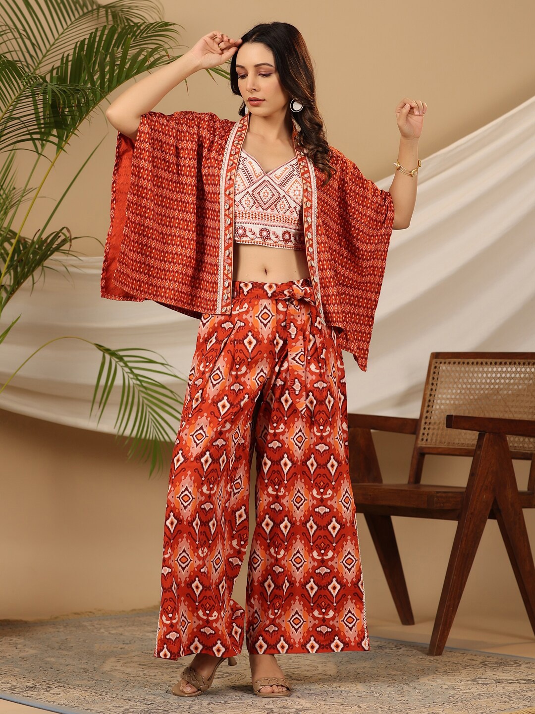 

Juniper Ethnic Motifs Printed Top & Palazzos With Shrug Co-Ords, Rust