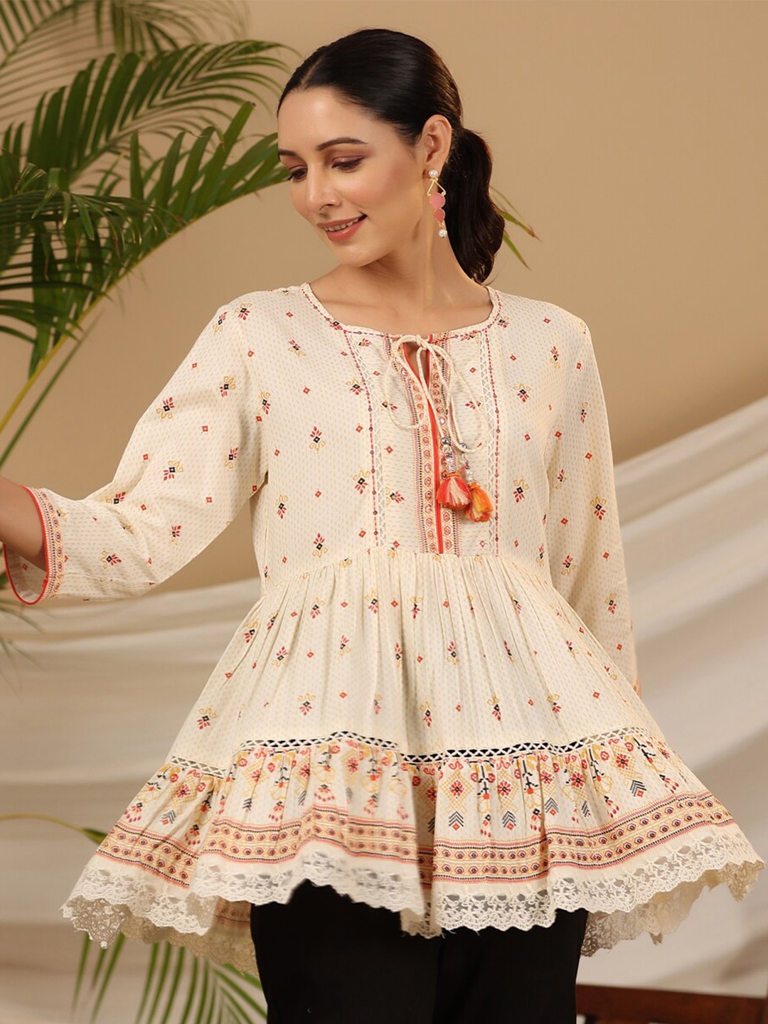 

Juniper Ethnic Motifs Printed Tie-Up Neck Liva Tunic, Off white