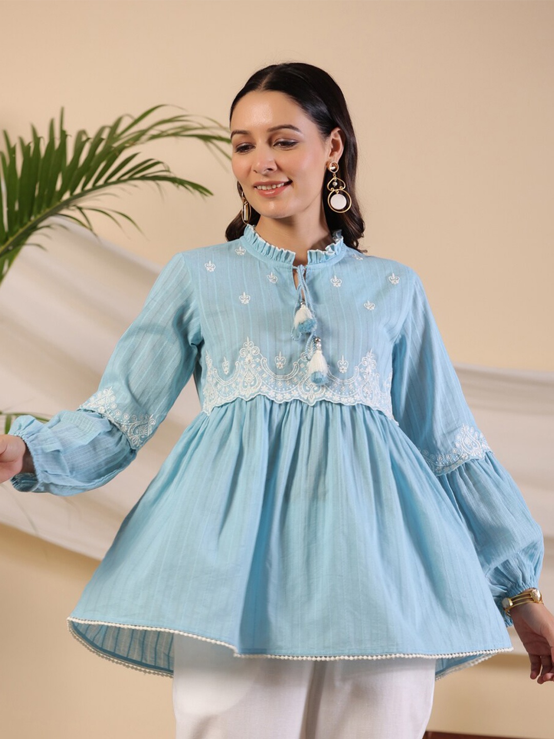 

Juniper Ethnic Motifs Embroidered Tie Up Neck Cotton Tunic, Blue