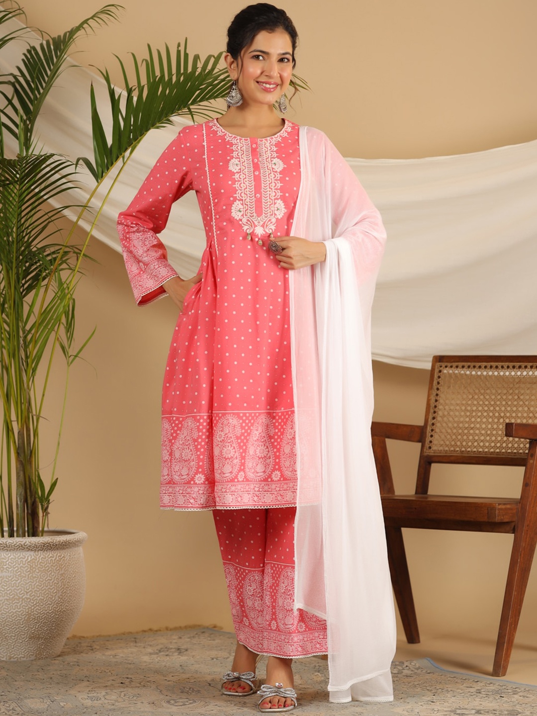 Juniper Ethnic Motifs Printed Thread Work Kurta with Trousers & Dupatta, Coral