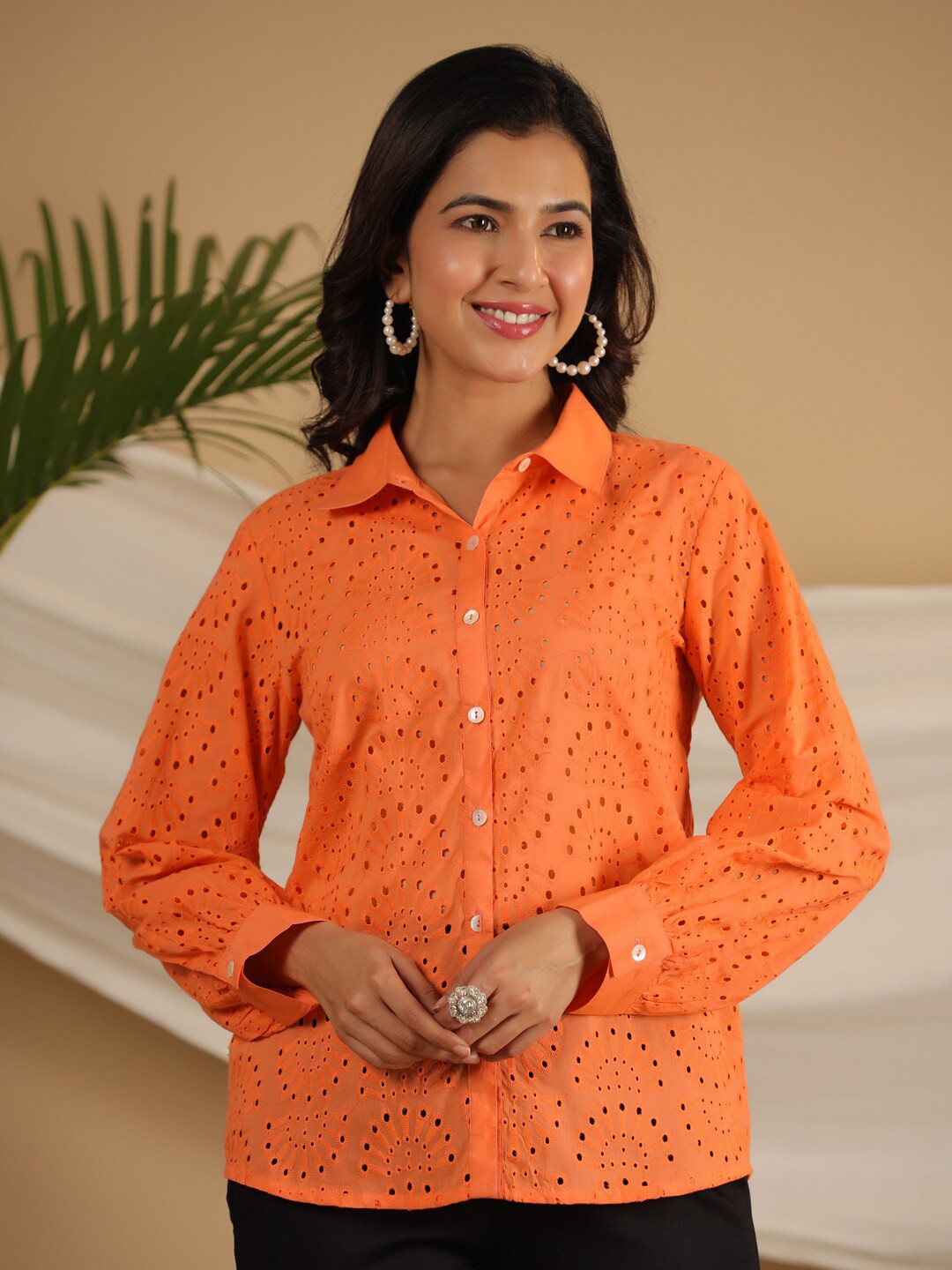 

Juniper Comfort Self Design Spread Collar Puffed Sleeve Schiffli Cotton Casual Shirt, Orange