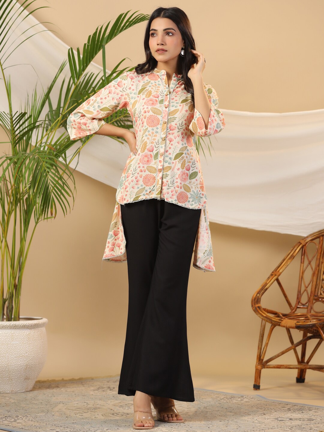

Juniper Floral Printed Mandarin Collar Three-Quarter Sleeve Tunic, Off white
