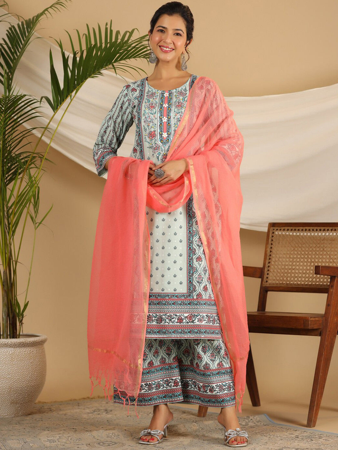 

Juniper Ethnic Motifs Printed Sequinned Kurta & Trousers With Dupatta, Blue