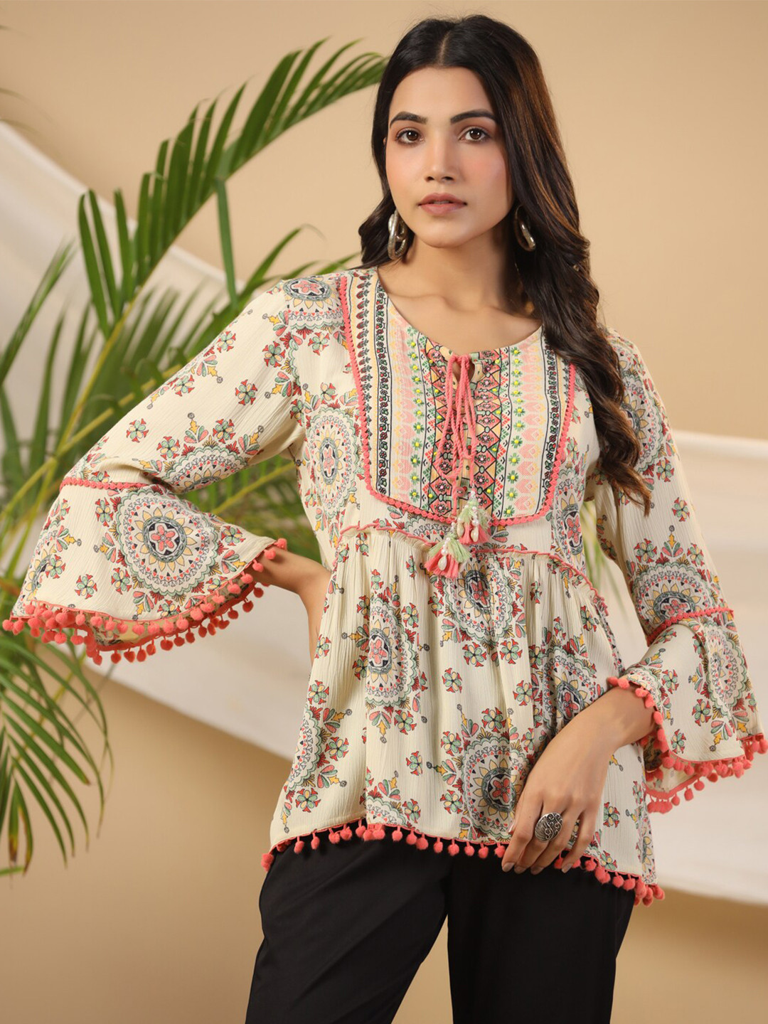 

Juniper ETHnic Motifs Printed Tie-Up Neck Liva Tunic, White