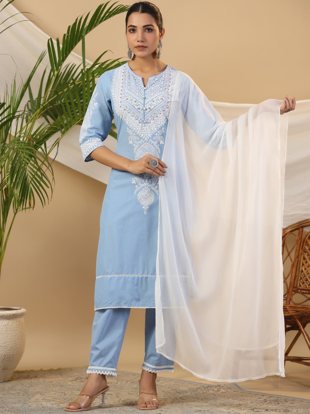 

Juniper Ethnic Motifs Printed Sequinned Kurta with Trousers & Dupatta, Blue