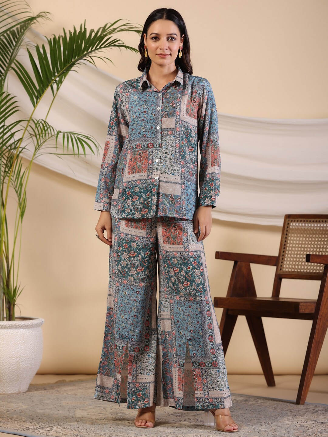 

Juniper Ethnic Motifs Printed Shirt & Trousers Co-Ords, Blue
