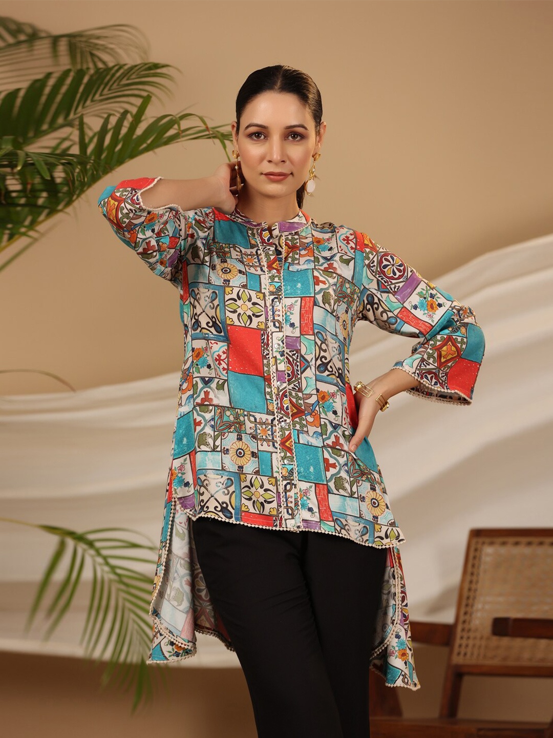 

Juniper Mandarin Collar Ethnic Motifs Printed Tunic, Blue