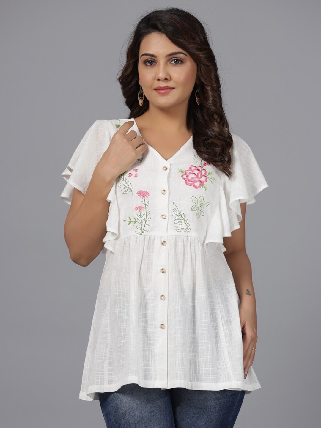 

Juniper Floral Embroidered V-Neck Tunic, White