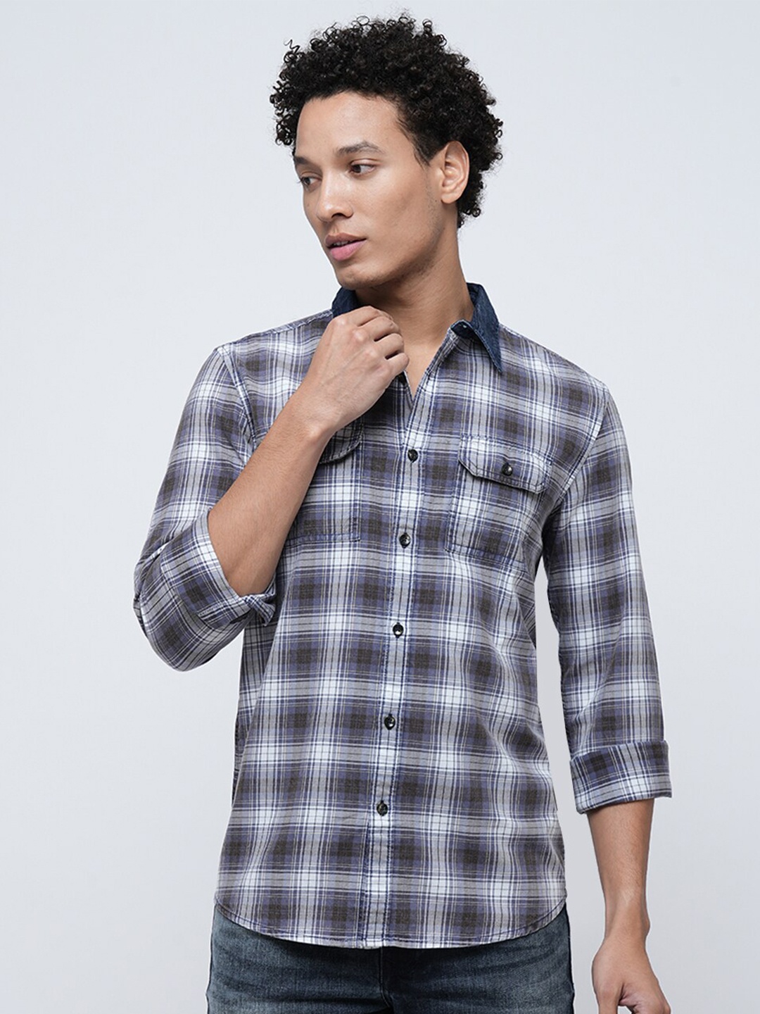 

Jack & Jones Tartan Checks Slim Fit Pure Cotton Casual Shirt, Blue