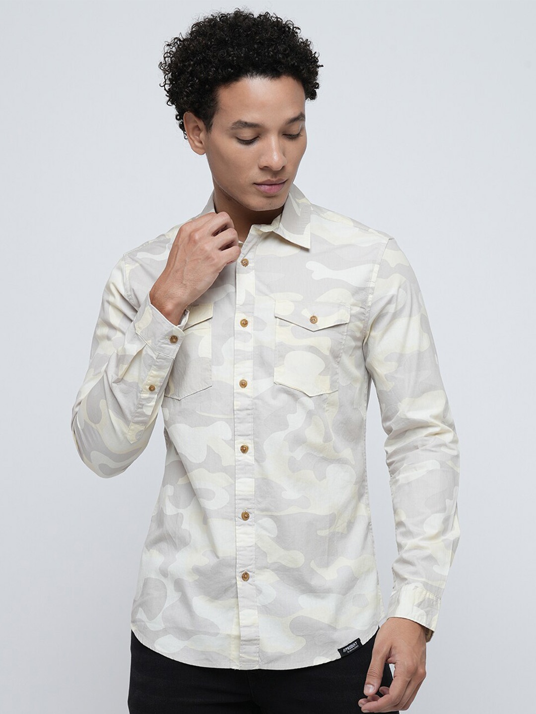 

Jack & Jones Slim Fit Camouflage Printed Pure Cotton Casual Shirt, Beige