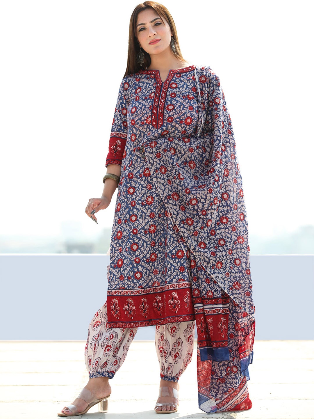 

KALINI Floral Printed Sequinned Pure Cotton Kurta With Trousers & Dupatta, Red