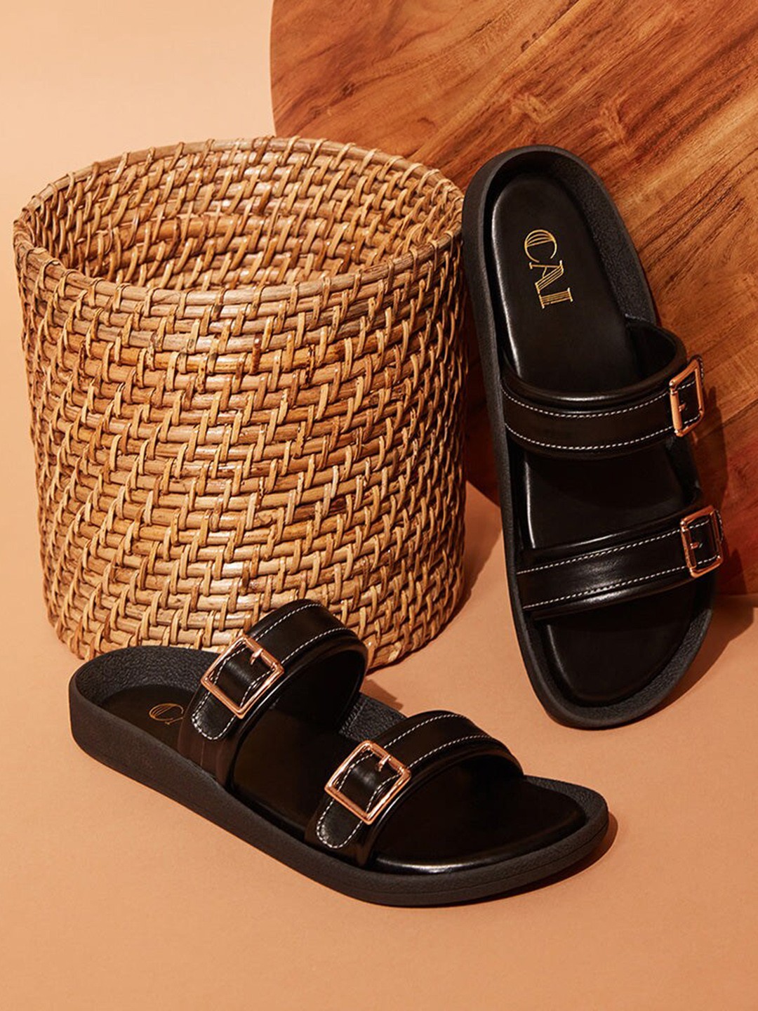 

CAI Two Strap One Toe Flats With Buckle Detail, Black