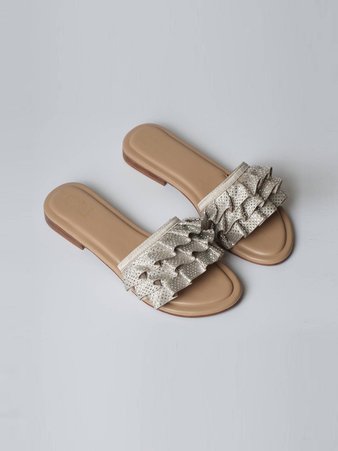 

CAI Embellished Open Toe Flats, Silver