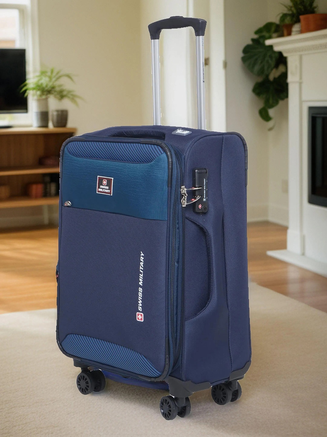 

SWISS MILITARY Platinum Textured Soft -Sided 360-Degree Rotation Trolley Suitcase- 78 L, Navy blue