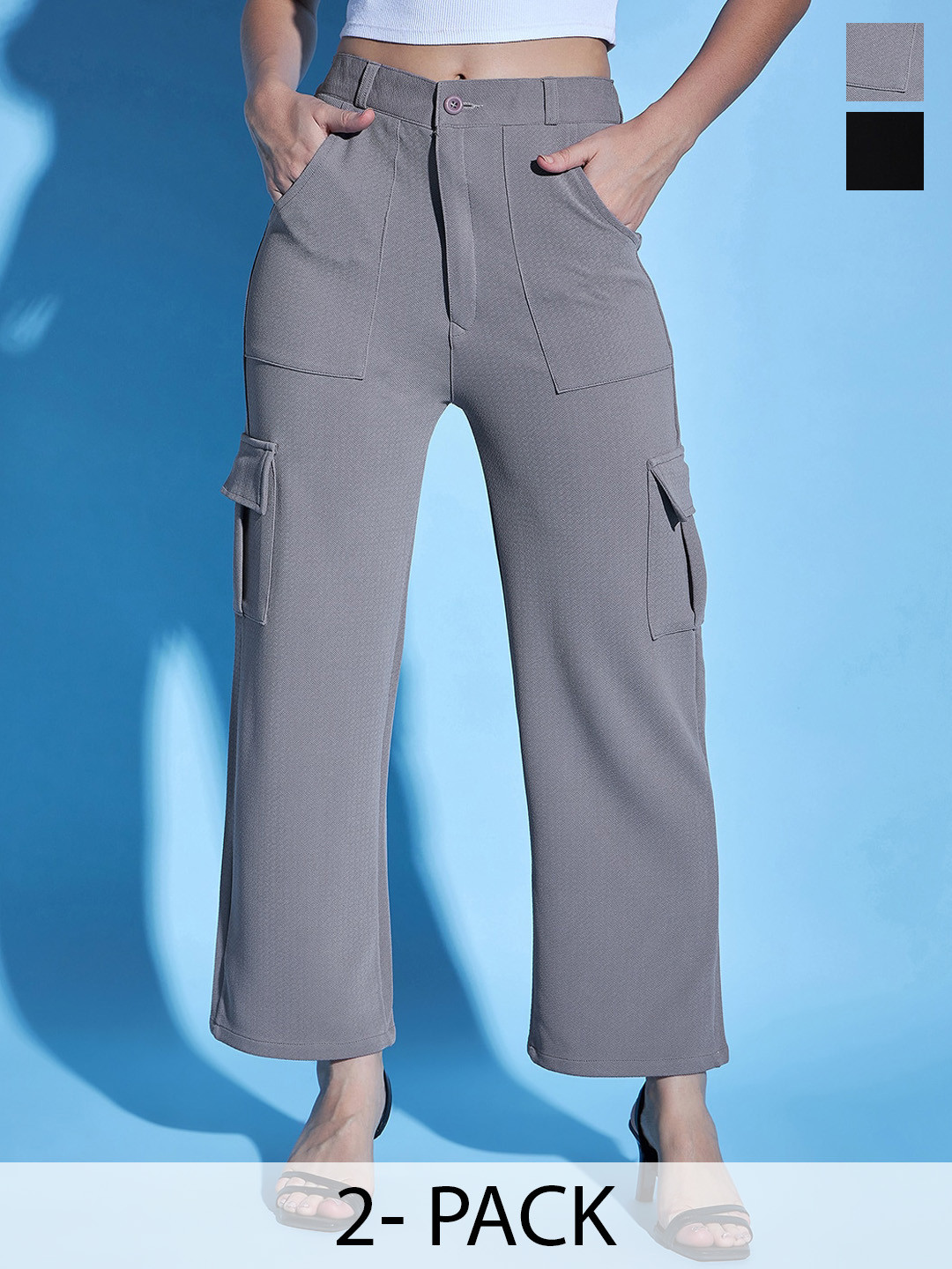 

Purple Feather Women Pack Of 2 Smart Straight Fit High-Rise Cargos, Grey