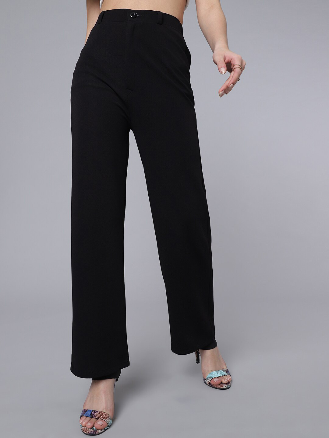 

Purple Feather Women Smart Flared Trousers, Black