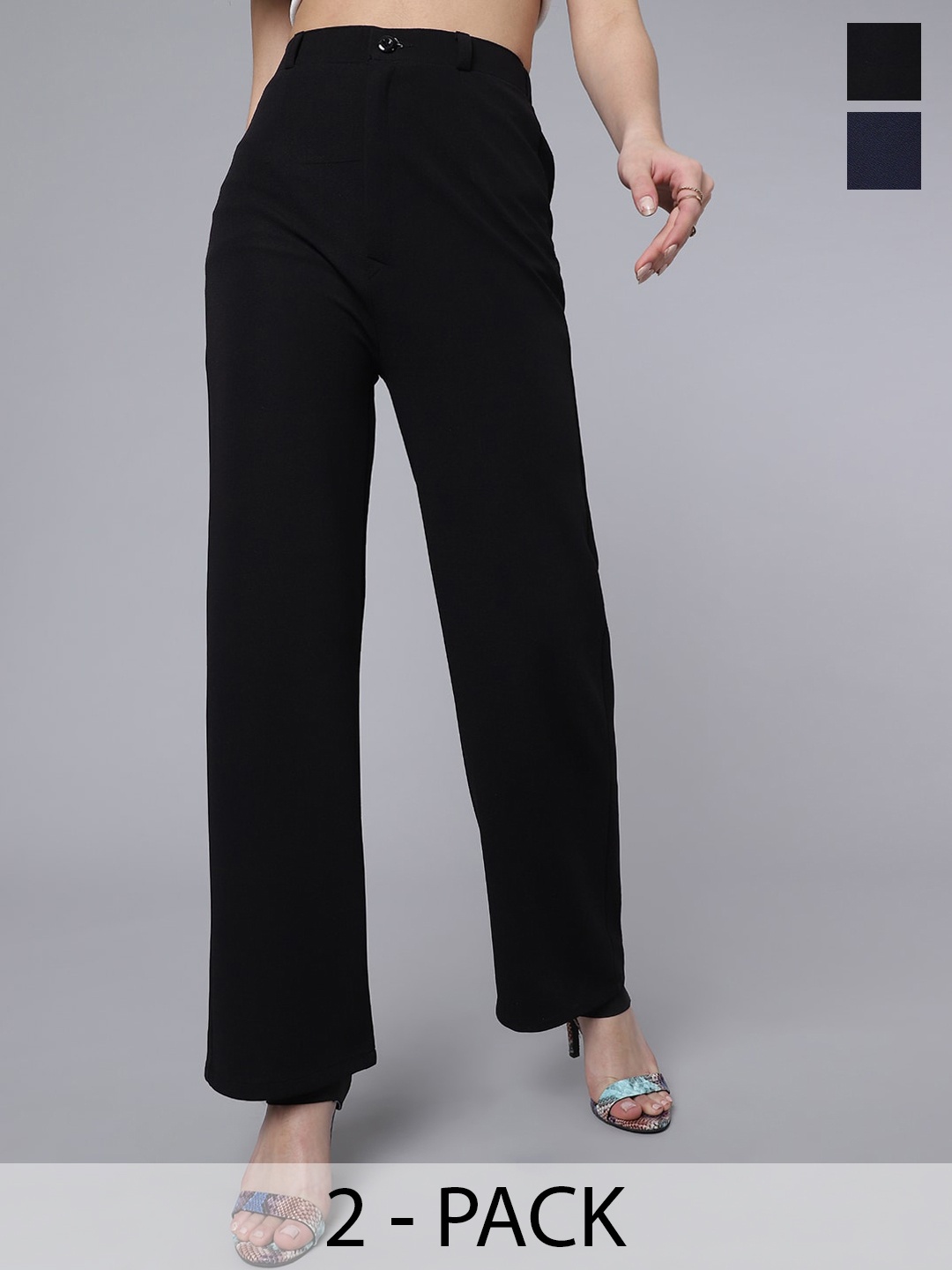 

Purple Feather Women Pack Of 2 Smart Straight Fit High-Rise Parallel Trousers, Black