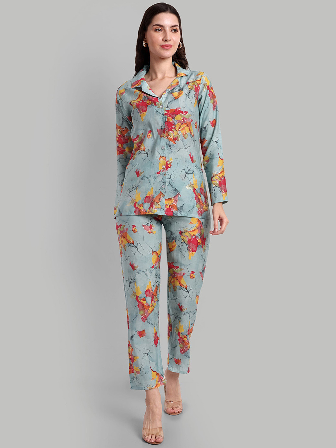 

SINGNI Floral Printed Pure Silk Neck Shirt & Trouser, Grey