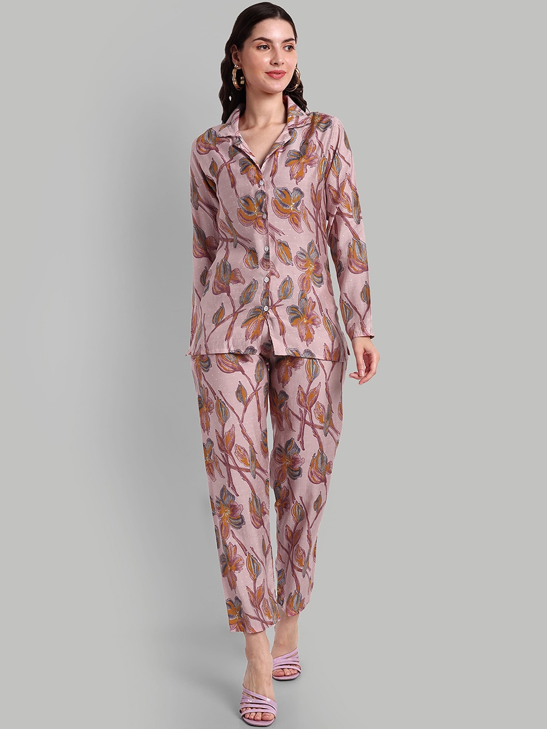 

SINGNI Floral Printed Lapel Collar Pure Silk Shirt & Trousers, Pink