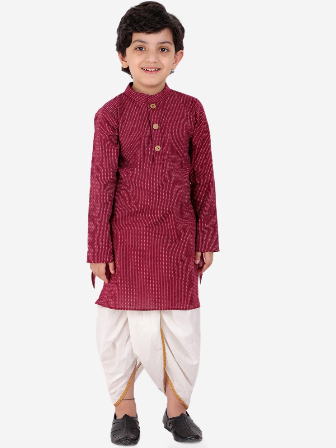 

BAESD Boys Striped Regular Pure Cotton Kurta With Dhoti Pants, Maroon