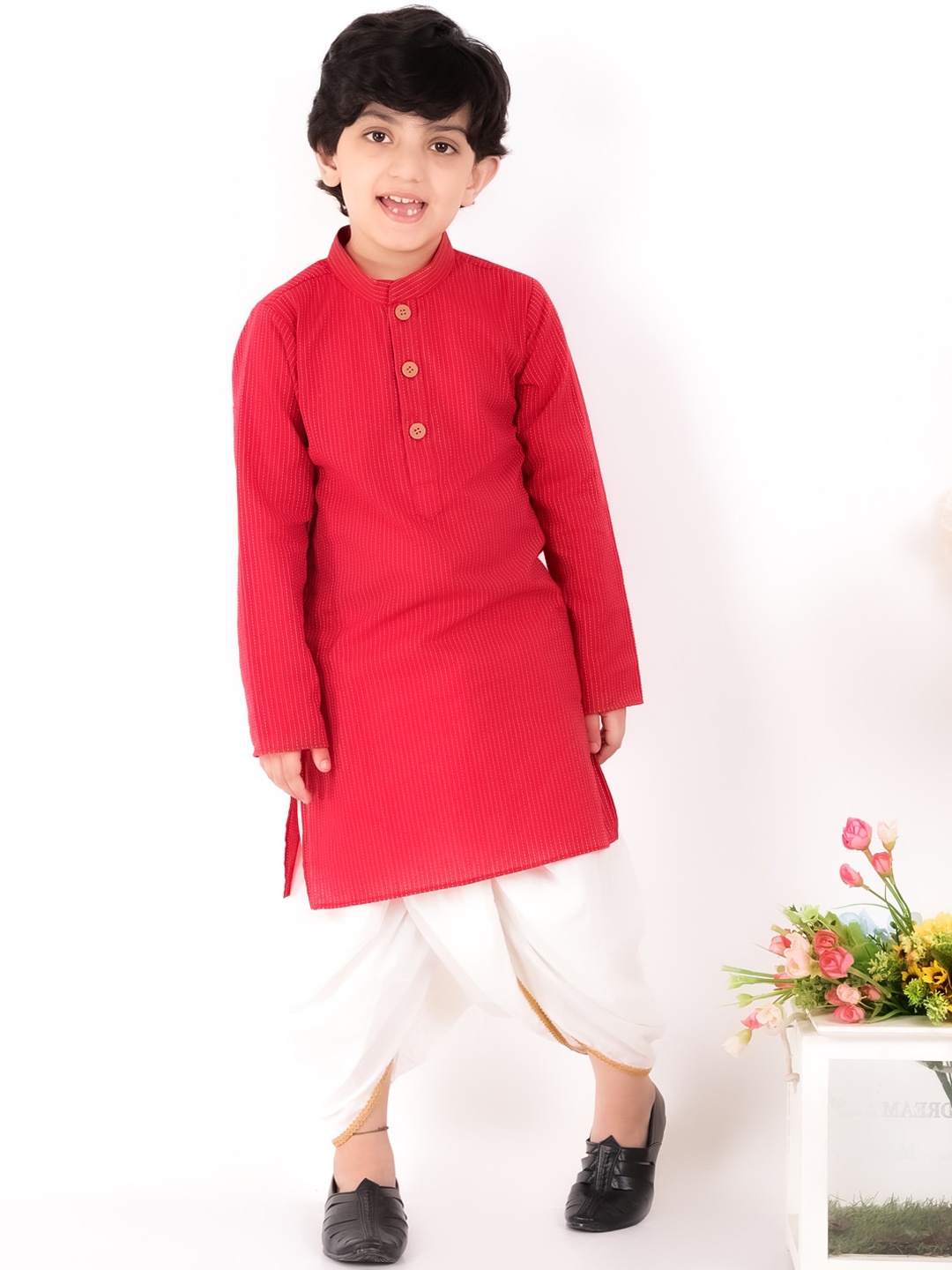 

BAESD Boys Striped Pure Cotton Kurta with Dhoti Pants, Red