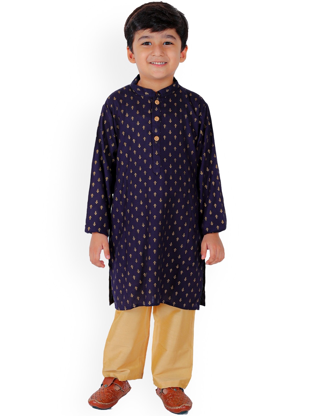 

BAESD Boys Ethnic Motifs Printed Pure Cotton Straight Kurta with Pyjamas, Navy blue