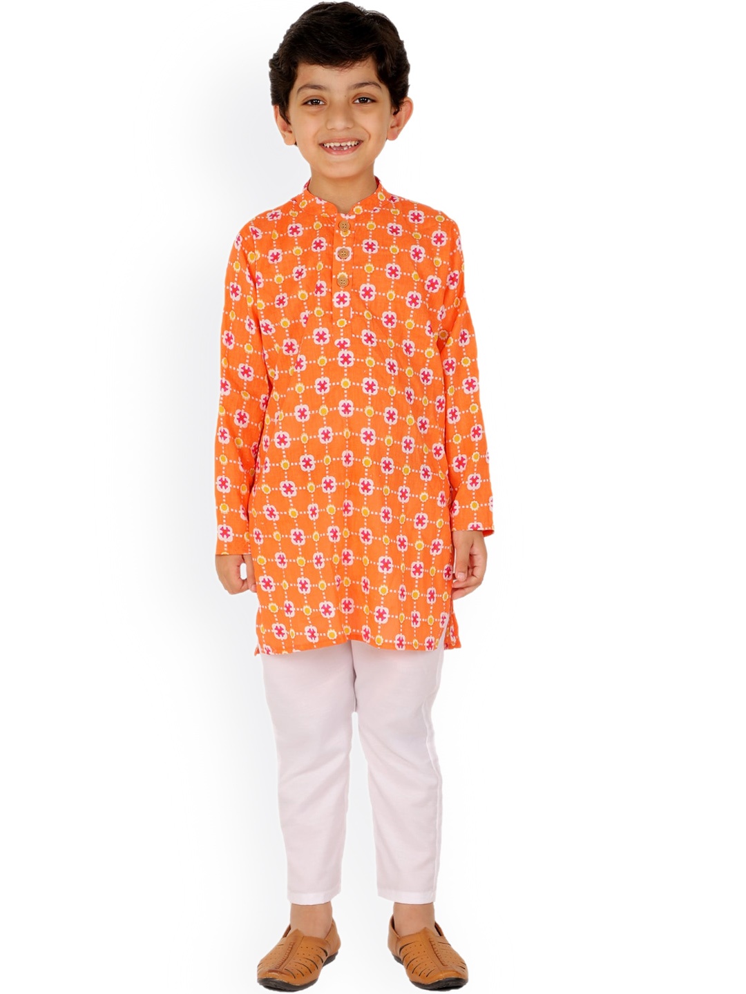 

BAESD Boys Floral Printed Pure Cotton Kurta with Pyjamas, Orange