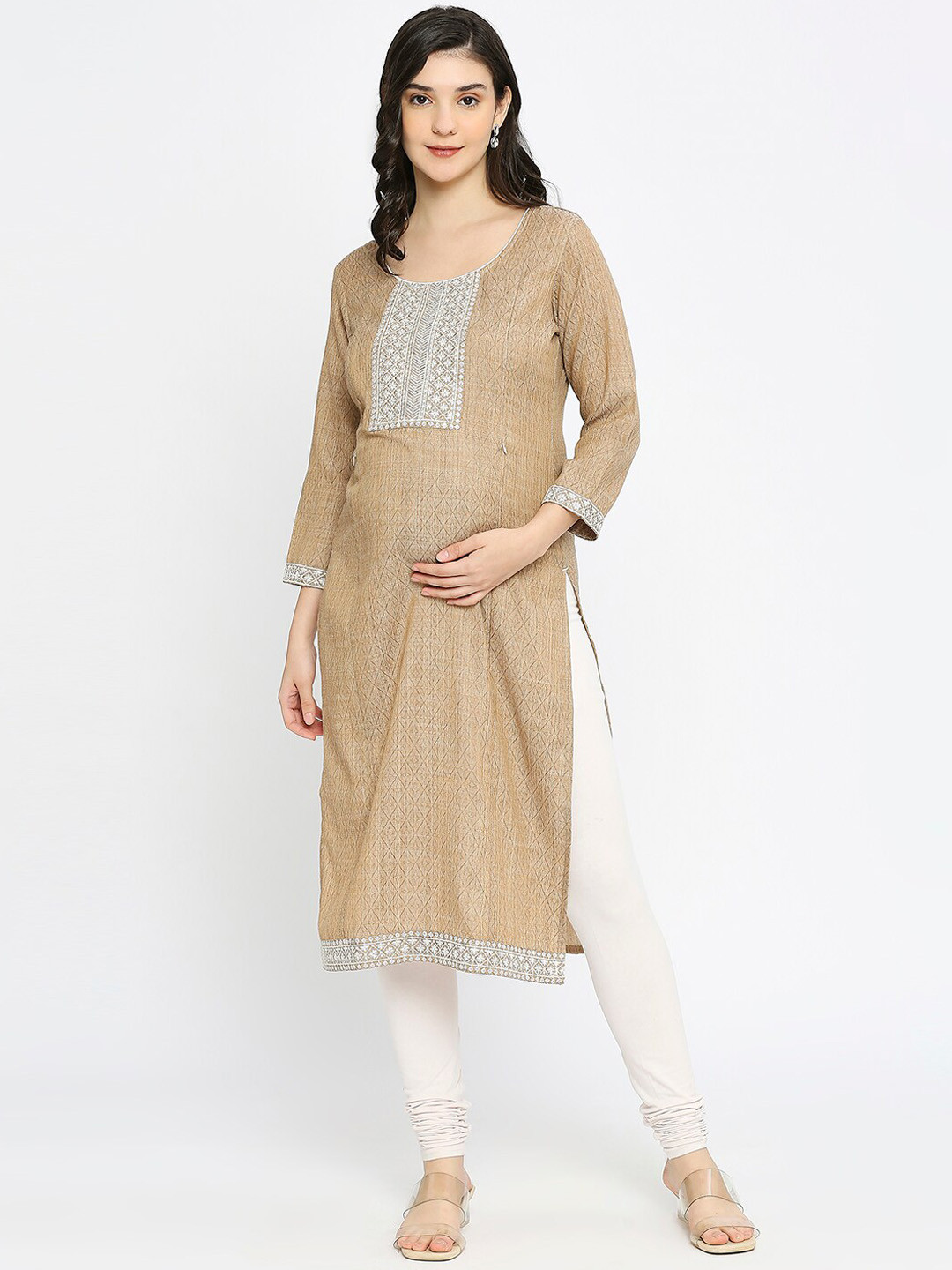 

True Shape Woven Design Sequinned Regular Maternity Kurta, Beige