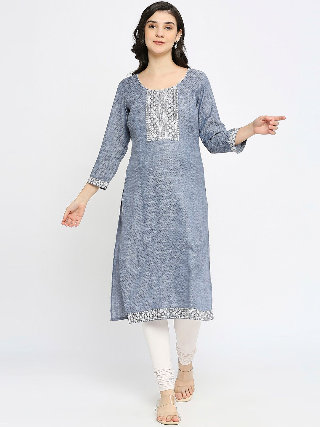 

True Shape Woven Design Sequinned Regular Maternity Kurta, Blue