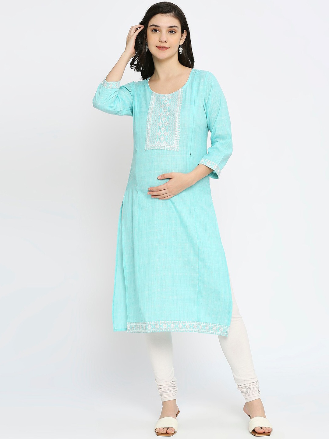 

True Shape Woven Design Sequinned Regular Maternity Kurta, Turquoise blue