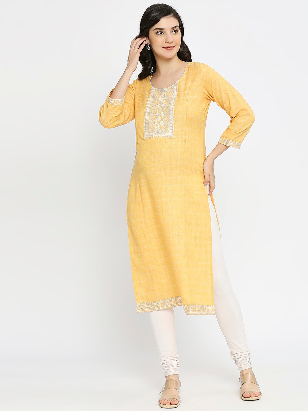 

True Shape Geometric Woven Design Thread Work Maternity Straight Kurta, Yellow