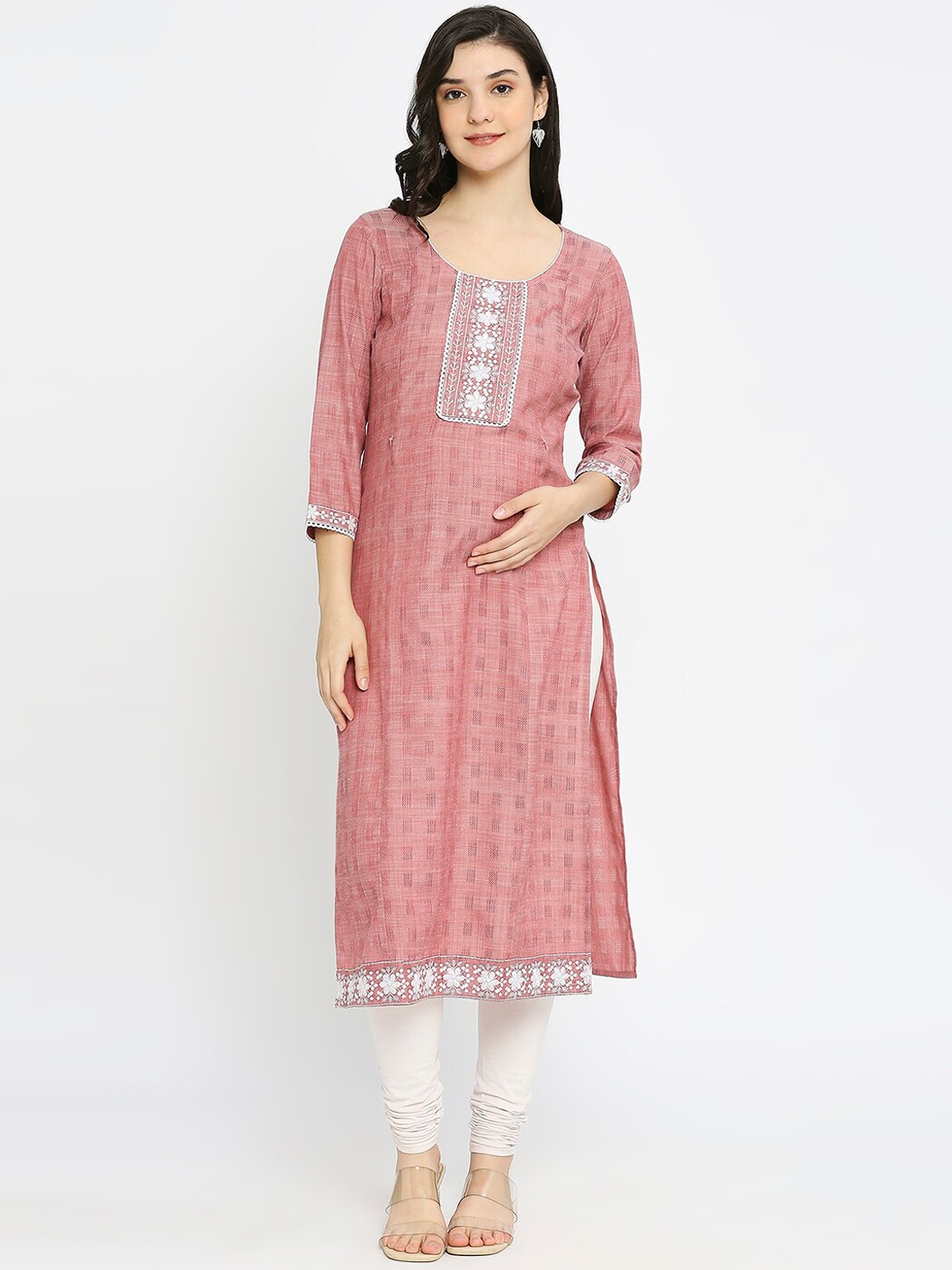

True Shape Woven Design Sequinned Regular Maternity Kurta, Pink