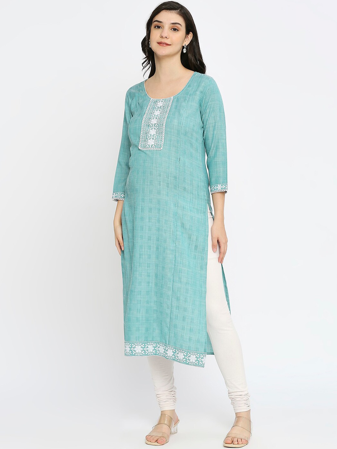 

True Shape Ethnic Motifs Woven Design Thread Work Maternity Kurta, Blue