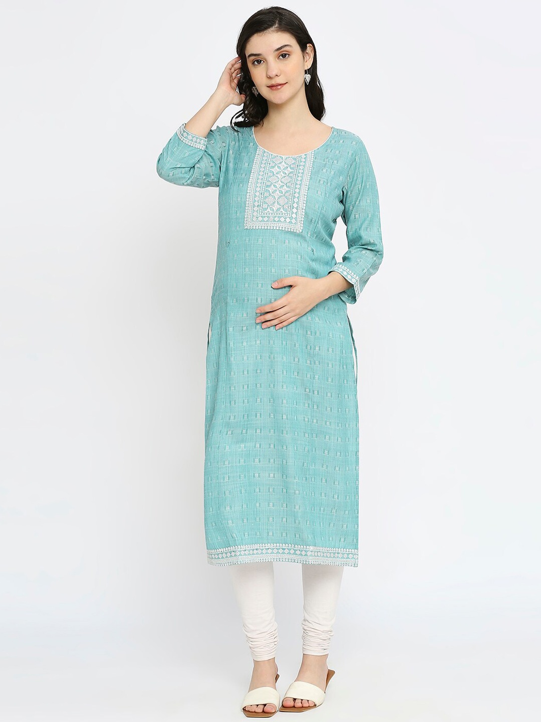 

True Shape Geometric Woven Design Thread Work Maternity Straight Kurta, Blue
