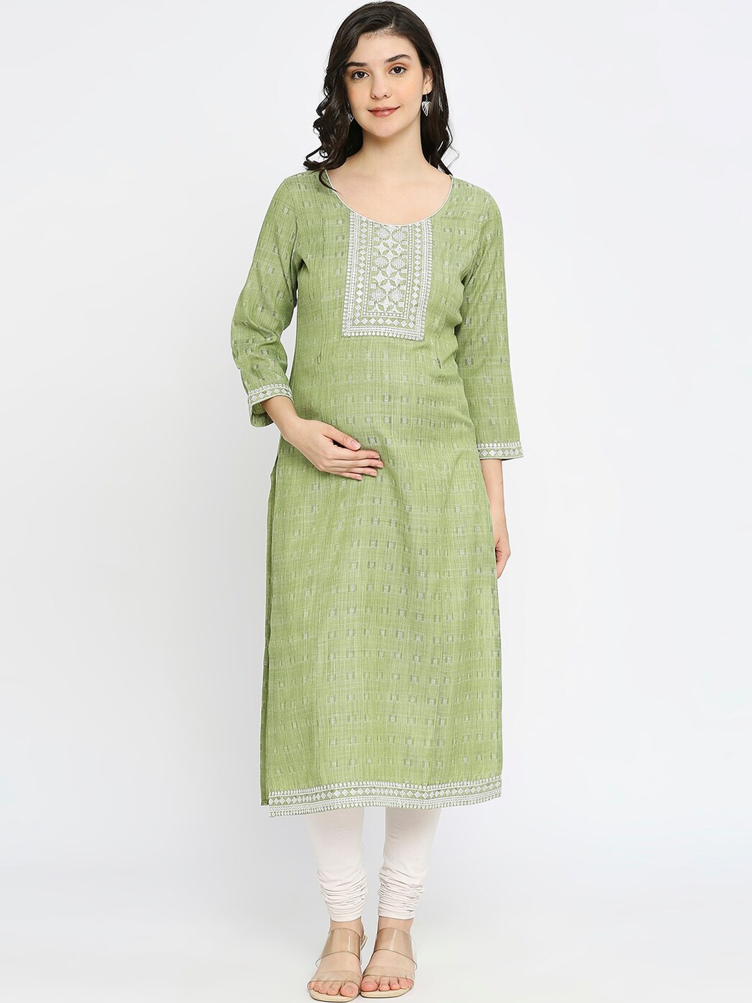 

True Shape Ethnic Motifs Woven Design Thread Work Maternity Kurta, Green