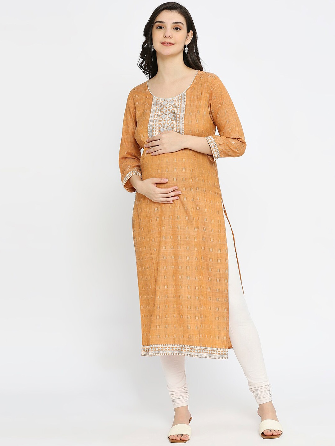 

True Shape Women Ethnic Motifs Embroidered Maternity Straight Kurta, Mustard