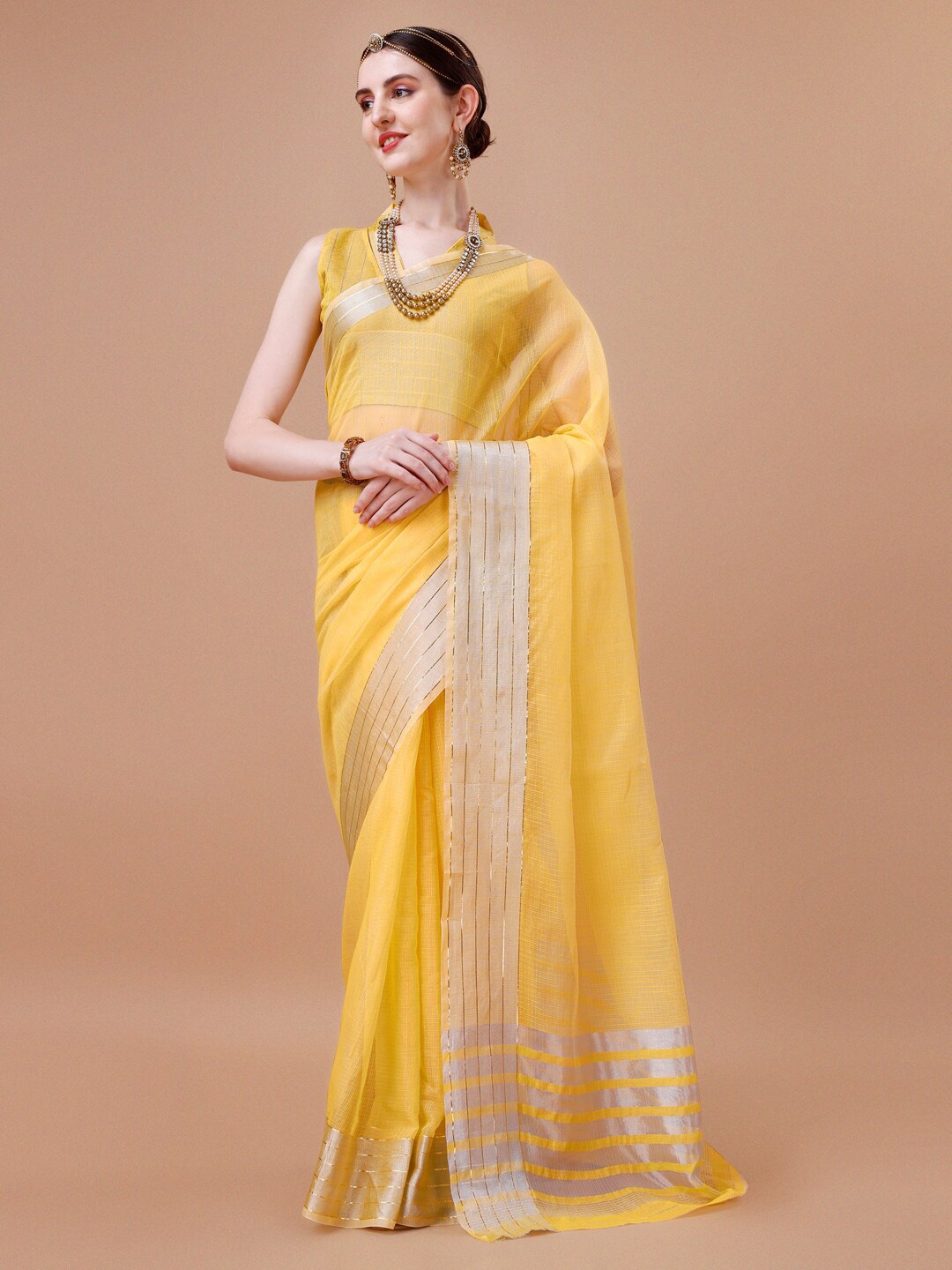 

KALINI Checked Zari Detailed Saree, Yellow