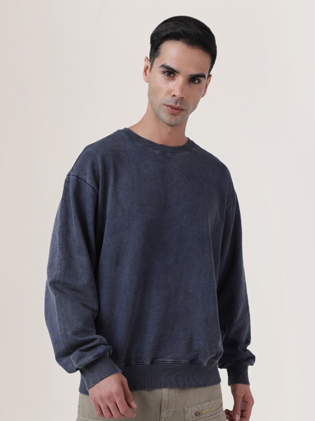 

Bene Kleed Round Neck Relaxed Fit Acid Wash Pullover Pure Cotton Sweatshirt, Blue