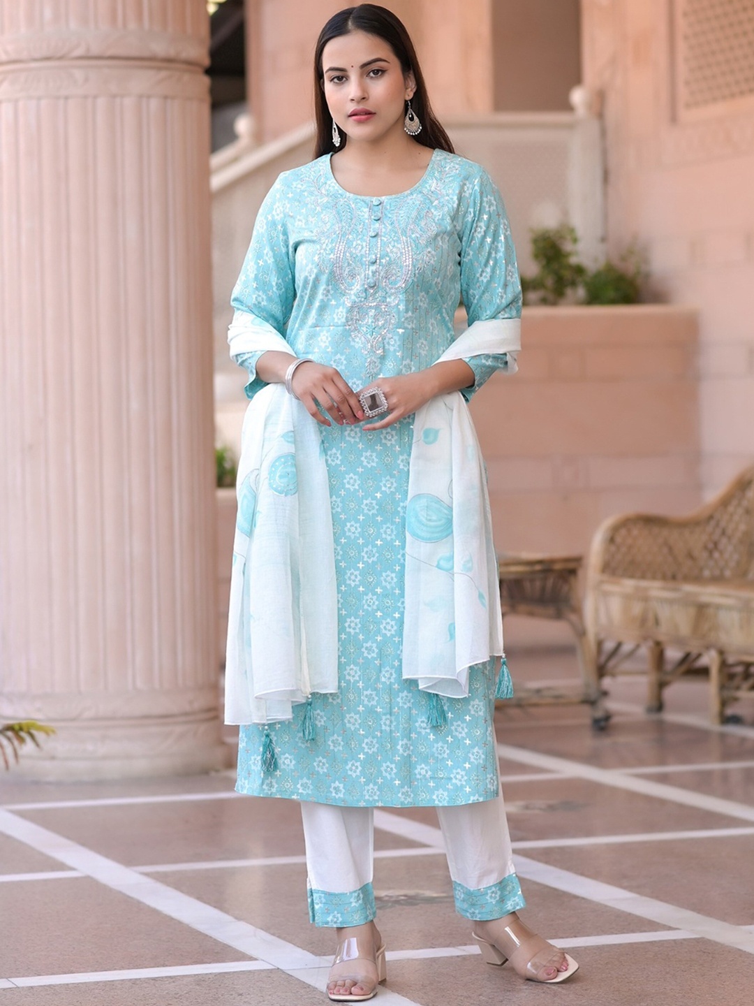

AARYAHI Ethnic Motifs Printed Thread Work Pure Cotton Kurta with Trousers & Dupatta, Blue