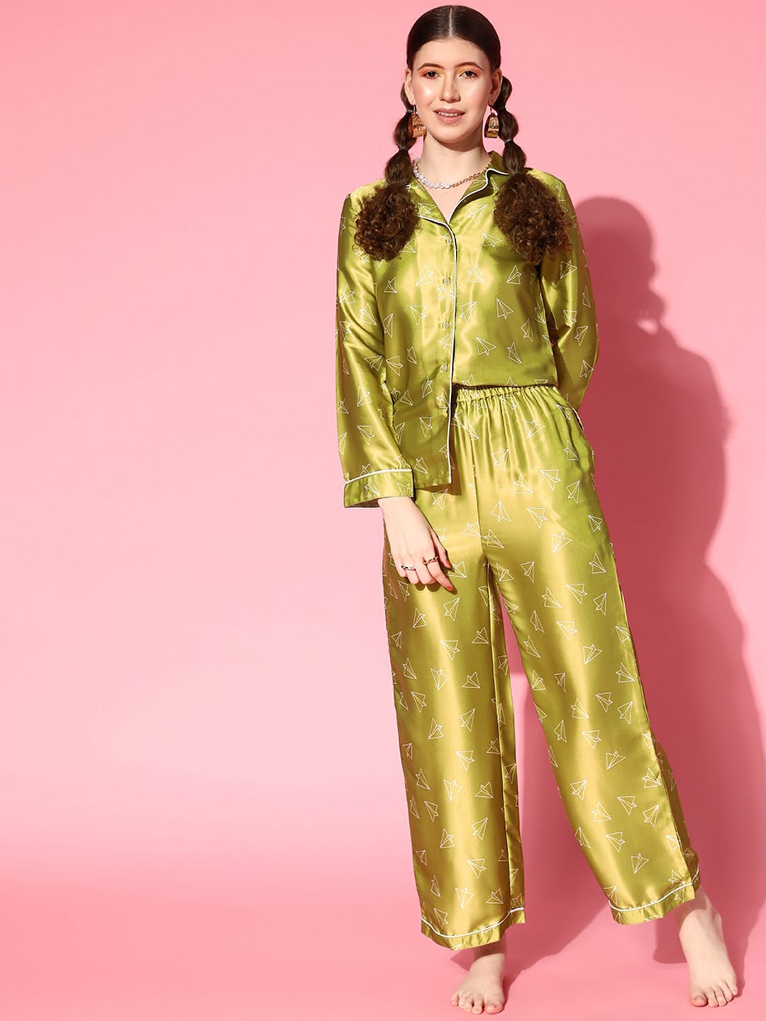 

PANIT Geometric Printed Satin Shirt With Trousers, Green