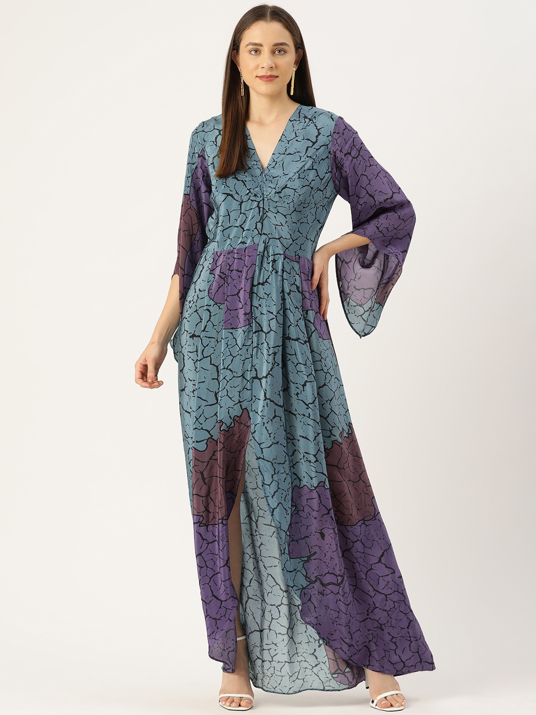 

Simaaya Abstract Printed Flared Sleeve Crepe Maxi Dress, Green