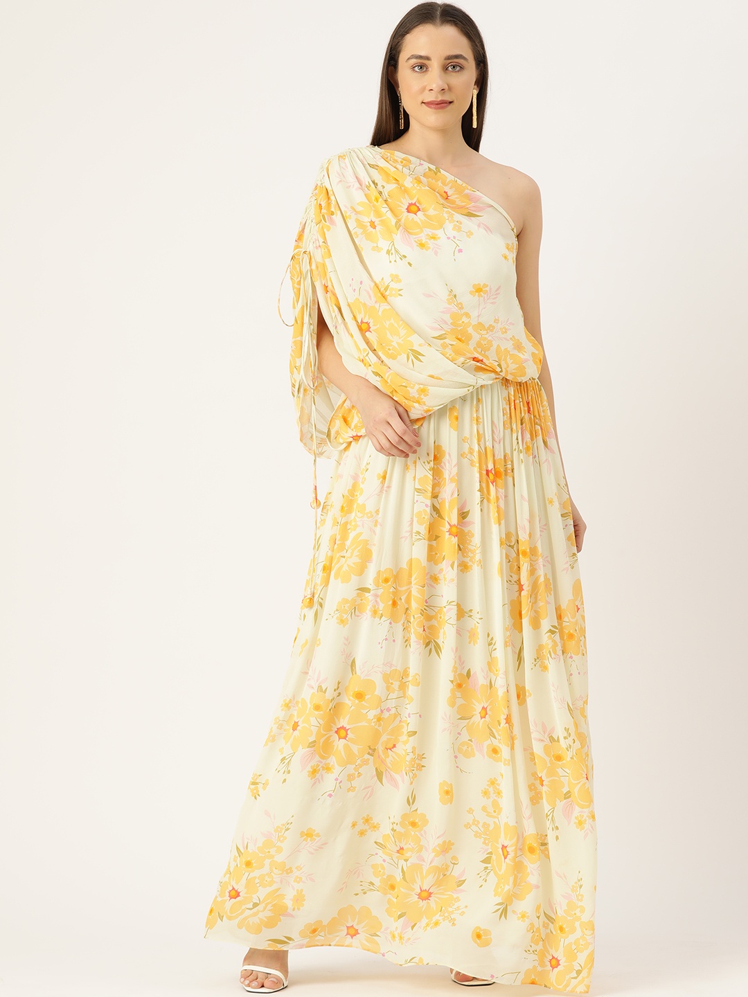 

Simaaya Floral Printed One Shoulder Flared Sleeve Georgette Maxi Dress, Yellow
