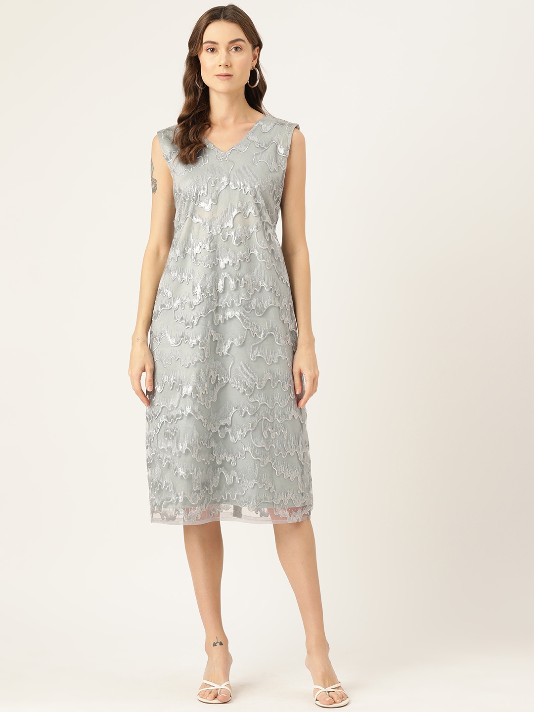 

Simaaya Sequin Embroidered Net A-Line Midi Dress, Grey