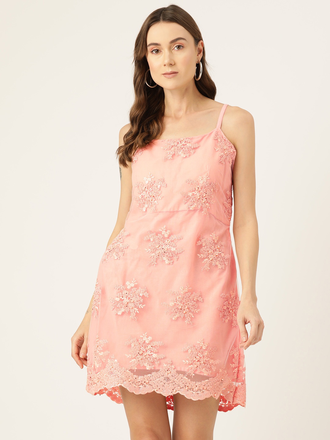 

Simaaya Floral Embroidered Net A-Line Dress, Peach